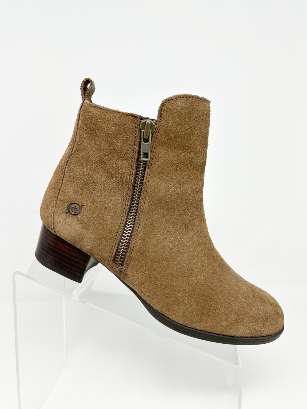 Born Landa Womens Brown Ankle Booties Side Zip Low Block Heel Round Toe Size 8.5
